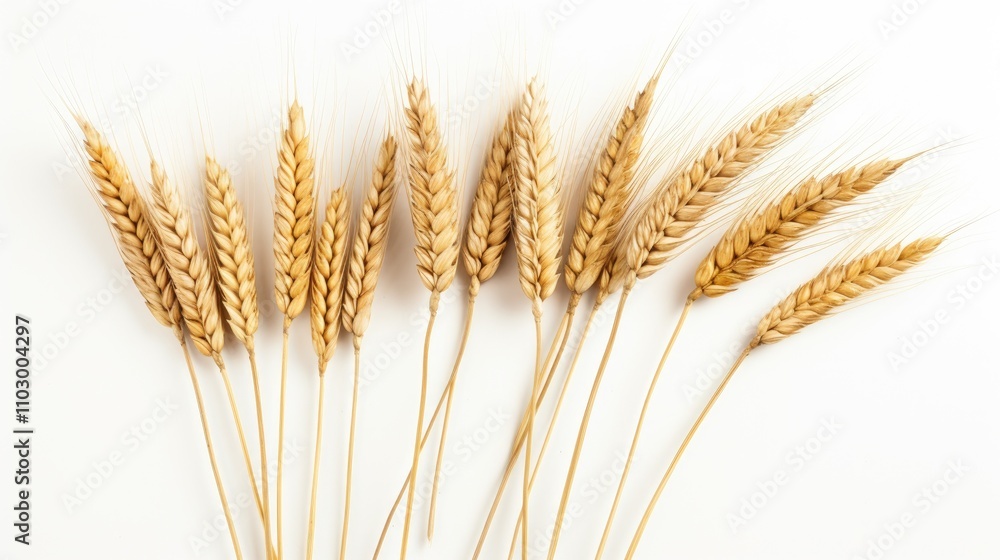 Wheat grain spikes arranged artistically on a white background showcasing natural texture and color variations in agriculture.