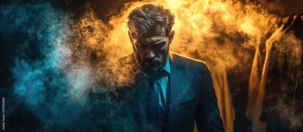 Man steaming clothes in stylish attire with dramatic lighting showcasing grooming fashion and home care concepts Man steaming clothes in stylish attire with dramatic lighting showcasing grooming fashion and home care concepts