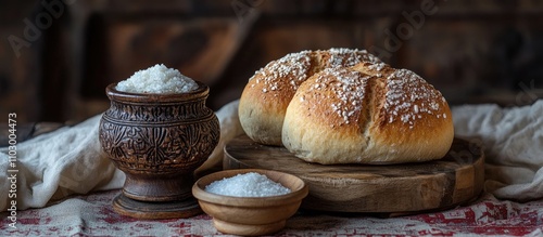 Traditional bread and salt arrangement on a rushnik table with rustic background and decorative bowls for cultural celebration or hospitality photo