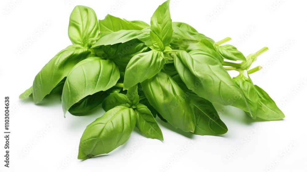 Fresh basil leaves arranged beautifully isolated on a clean white background for culinary and herbal themes. Fresh basil leaves arranged beautifully isolated on a clean white background for culinary and herbal themes.
