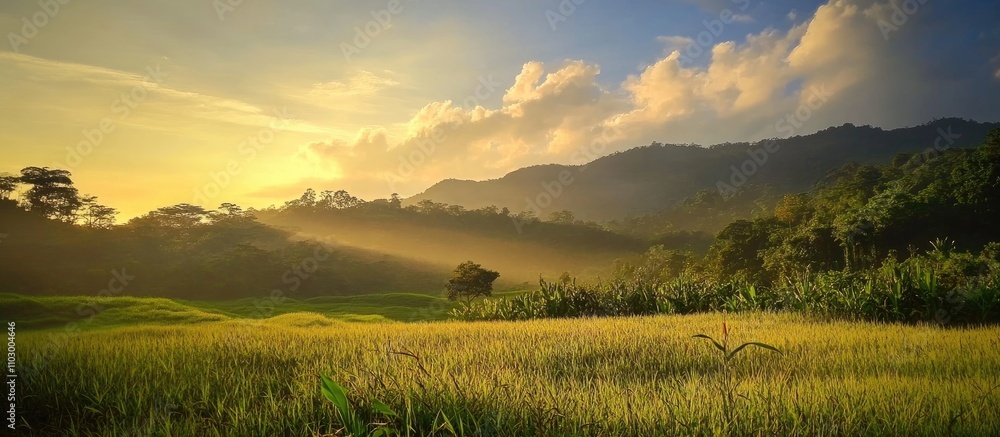 Obraz premium Golden hour landscape with lush green fields and mountains under a vibrant sky, capturing the serene beauty of nature in the afternoon light.