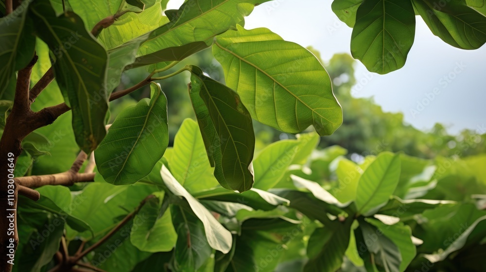 Lush green jackfruit leaves creating a vibrant natural backdrop in a garden setting under soft sunlight Lush green jackfruit leaves creating a vibrant natural backdrop in a garden setting under soft sunlight