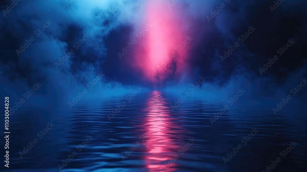 Misty pathway with vibrant reflections on dark blue water, enveloped in mist and neon lights, creating a solitary and moody atmosphere. Misty pathway with vibrant reflections on dark blue water, enveloped in mist and neon lights, creating a solitary and moody atmosphere.
