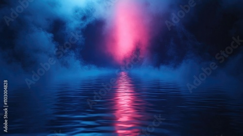 Misty pathway with vibrant reflections on dark blue water, enveloped in mist and neon lights, creating a solitary and moody atmosphere.