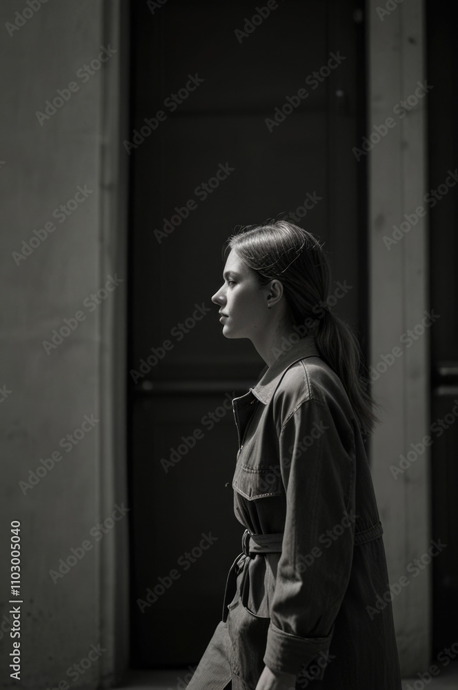 Monochrome Side view candid of a young woman walking on the street Monochrome Side view candid of a young woman walking on the street