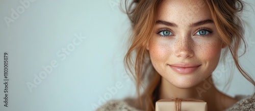 Smiling woman holding a beautifully wrapped gift against a minimalistic white background. photo