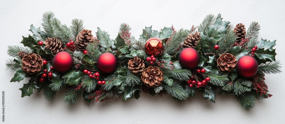Festive mistletoe wreath with fir branches red Christmas balls and pinecones on a light background ideal for holiday decorations and greeting cards Festive mistletoe wreath with fir branches red Christmas balls and pinecones on a light background ideal for holiday decorations and greeting cards