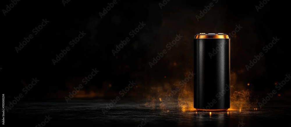 Fototapeta premium Black AA battery with glowing effects symbolizing energy, power sources, and modern technology on a dark background.