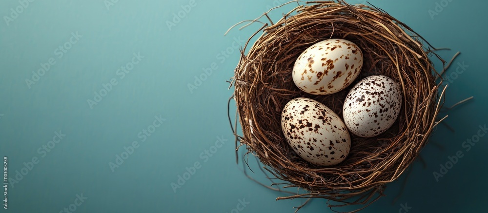 Obraz premium Colorful quail eggs in a bird's nest on a blue background with ample copy space for spring-themed designs or Easter promotions.