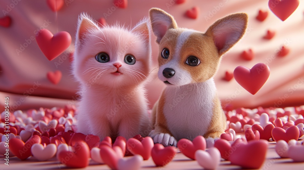 22.A 3D render of a sweet kitten and puppy duo, both sitting close together, surrounded by heart-shaped decorations. The kitten is pink with a round face and big eyes, while the puppy has floppy ears 22.A 3D render of a sweet kitten and puppy duo, both sitting close together, surrounded by heart-shaped decorations. The kitten is pink with a round face and big eyes, while the puppy has floppy ears