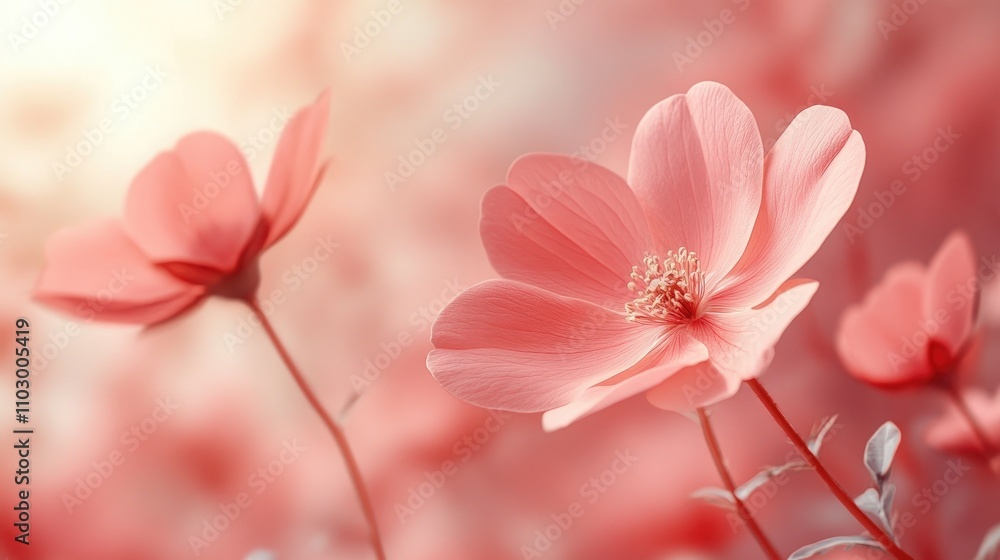 Delicate pink flower blooms against a soft red gradient background creating a serene and romantic ambiance. Delicate pink flower blooms against a soft red gradient background creating a serene and romantic ambiance.
