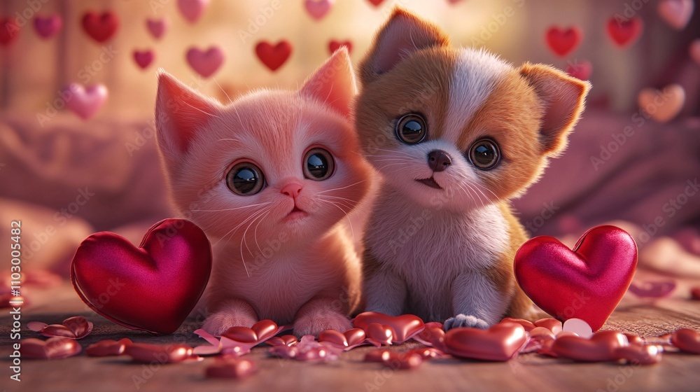 22.A 3D render of a sweet kitten and puppy duo, both sitting close together, surrounded by heart-shaped decorations. The kitten is pink with a round face and big eyes, while the puppy has floppy ears 22.A 3D render of a sweet kitten and puppy duo, both sitting close together, surrounded by heart-shaped decorations. The kitten is pink with a round face and big eyes, while the puppy has floppy ears