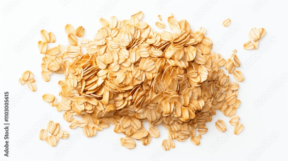 Aerial view of a pile of oat flakes isolated on a white background showcasing texture and detail for healthy food and breakfast themes. Aerial view of a pile of oat flakes isolated on a white background showcasing texture and detail for healthy food and breakfast themes.