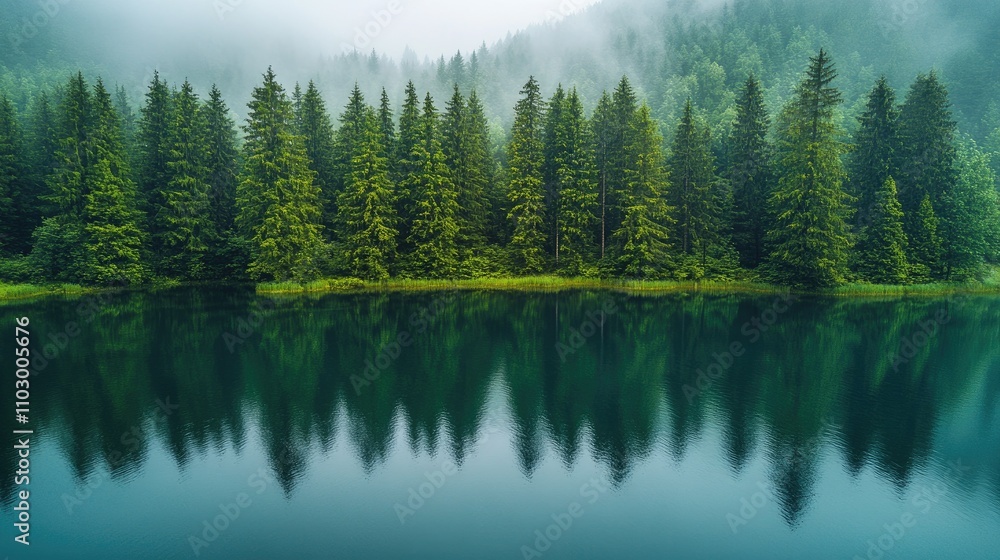 Aerial view of a serene forest lake bordered by solitary trees and a tranquil shoreline reflecting lush greenery and misty mountains Aerial view of a serene forest lake bordered by solitary trees and a tranquil shoreline reflecting lush greenery and misty mountains