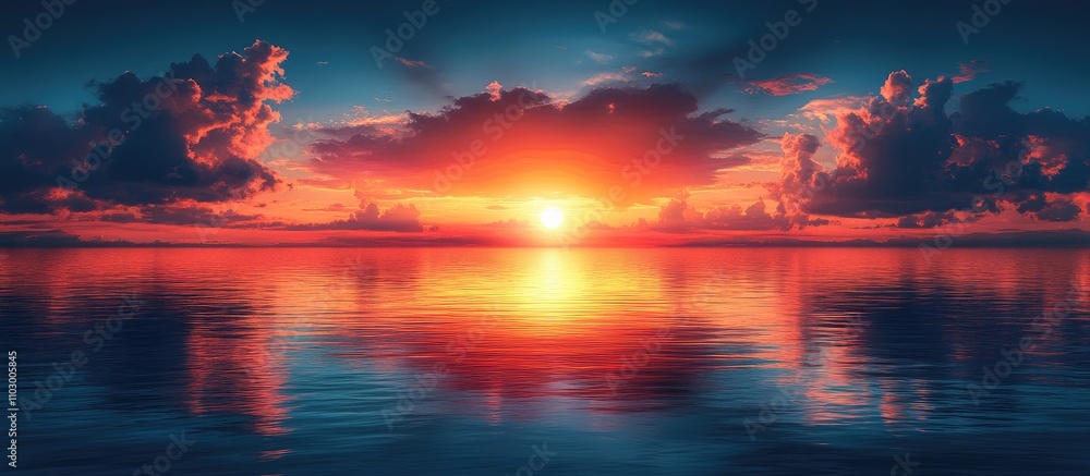 Tranquil sunset over a serene lake reflecting vibrant colors and soft clouds in a picturesque landscape scene.