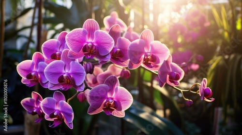 Orchid flowers in a tropical garden showcasing vibrant colors and natural beauty under warm sunlight in a serene environment