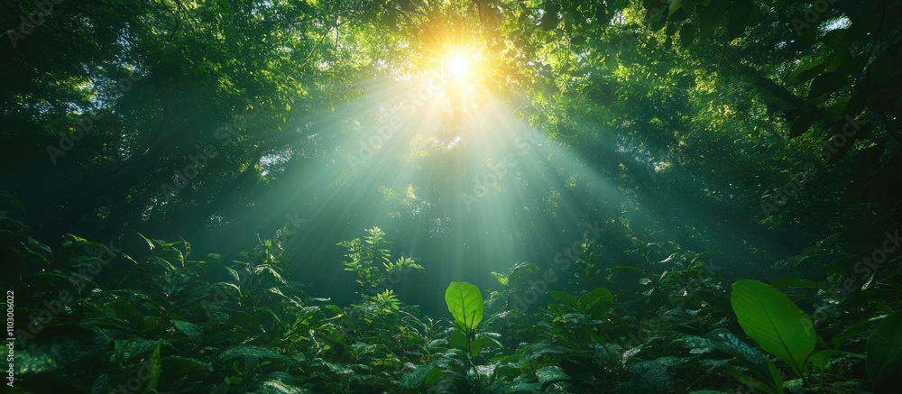 Obraz premium Sunlight filtering through dense forest canopy illuminating lush greenery and creating a serene natural atmosphere in tranquil woodland setting