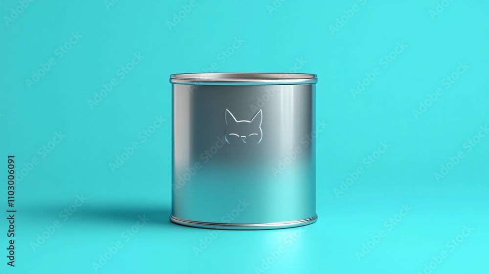 96.A 3D rendering of a cat food can mockup, featuring a smooth metal finish and soft shadows. The can is centered in the frame with a clean background, ready for branding, label design, or packaging 96.A 3D rendering of a cat food can mockup, featuring a smooth metal finish and soft shadows. The can is centered in the frame with a clean background, ready for branding, label design, or packaging