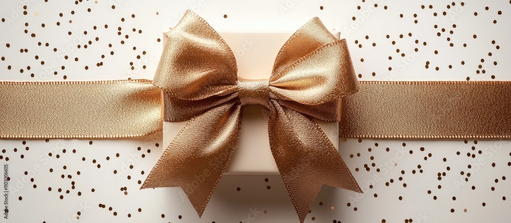 Elegant gift box adorned with a luxurious gold ribbon bow on a clean white background with scattered golden confetti for festive celebrations.
