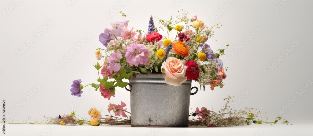Colorful wildflower bouquet in a rustic metal bucket arranged on a white background showcasing natural beauty and spring freshness. Colorful wildflower bouquet in a rustic metal bucket arranged on a white background showcasing natural beauty and spring freshness.