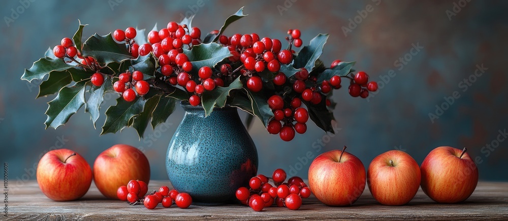 Festive arrangement of red berries and apples in a blue vase for a cheerful New Year celebration decoration. Festive arrangement of red berries and apples in a blue vase for a cheerful New Year celebration decoration.