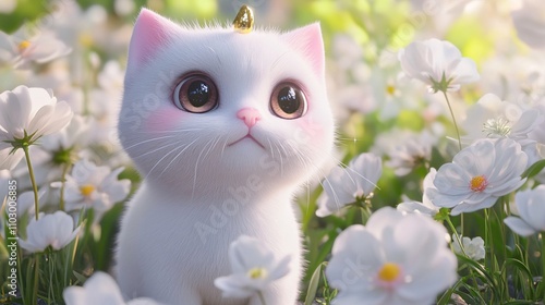 36.A 3D-rendered Scottish Fold cat with white fur, pink accents, and golden stripes, standing upright on its hind legs. The cat gazes forward with deep, expressive eyes and a small golden horn on its photo