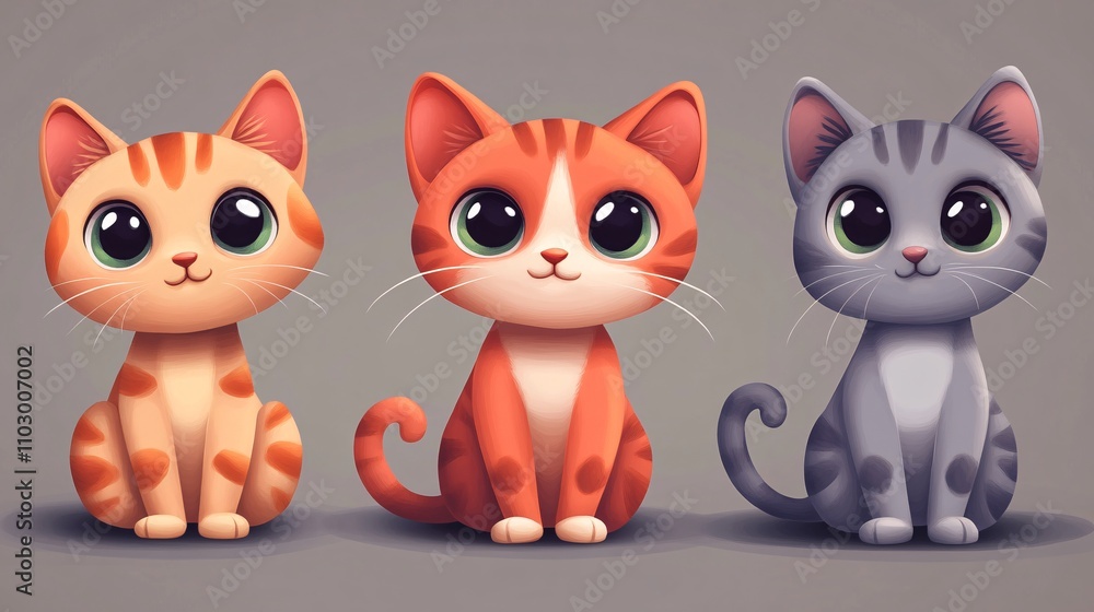 4.A set of colorful cartoon cats in 3D style, featuring a ginger tabby with wide stripes, a red fluffy cat with a rounded body, and a grey cat with soft spots. The cute kittens sit in relaxed poses, 4.A set of colorful cartoon cats in 3D style, featuring a ginger tabby with wide stripes, a red fluffy cat with a rounded body, and a grey cat with soft spots. The cute kittens sit in relaxed poses,