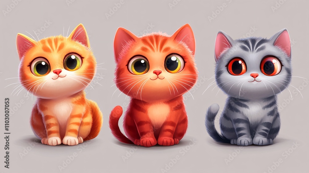 4.A set of colorful cartoon cats in 3D style, featuring a ginger tabby with wide stripes, a red fluffy cat with a rounded body, and a grey cat with soft spots. The cute kittens sit in relaxed poses, 4.A set of colorful cartoon cats in 3D style, featuring a ginger tabby with wide stripes, a red fluffy cat with a rounded body, and a grey cat with soft spots. The cute kittens sit in relaxed poses,