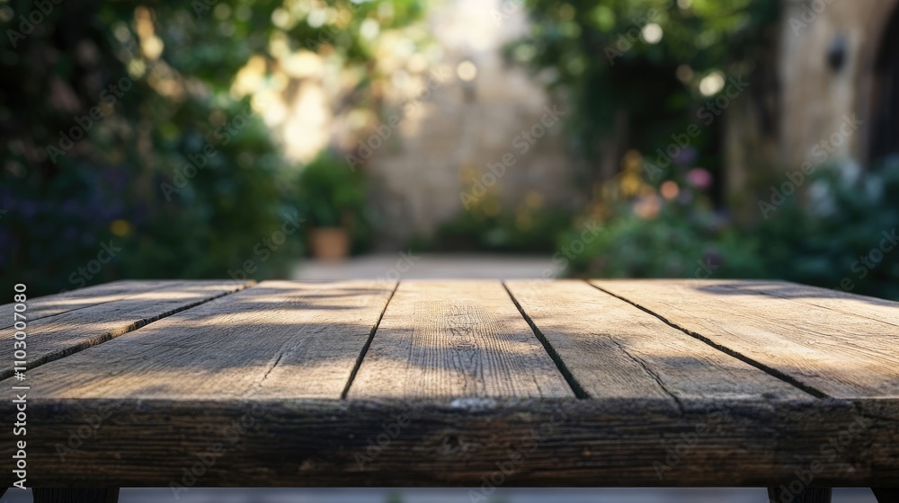 Empty wooden table top with blurred background, perfect for product display mockup in a serene vine courtyard setting. This wooden table top creates an ideal atmosphere for capturing attention. Empty wooden table top with blurred background, perfect for product display mockup in a serene vine courtyard setting. This wooden table top creates an ideal atmosphere for capturing attention.