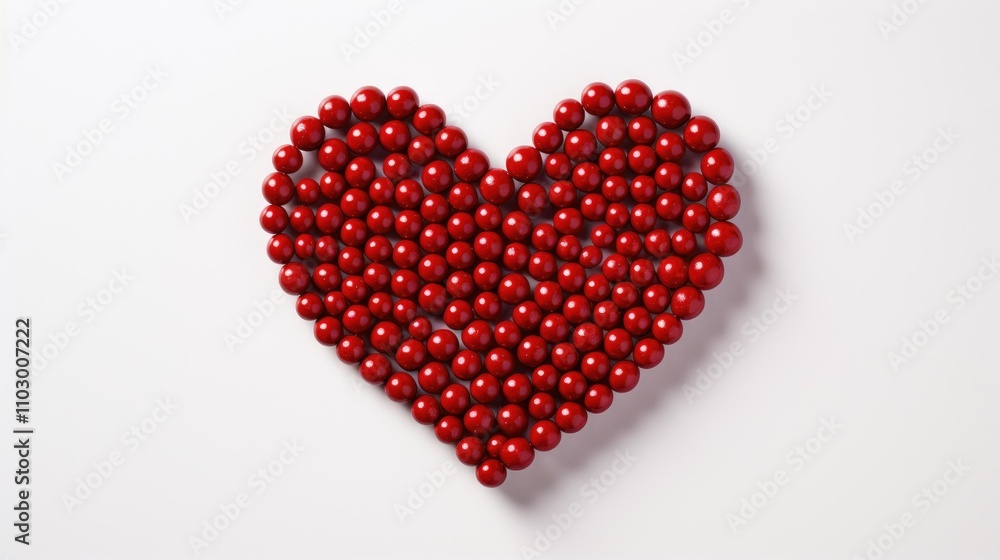 Red bead heart shape arrangement on a clean white background ideal for romantic themes and creative design projects Red bead heart shape arrangement on a clean white background ideal for romantic themes and creative design projects