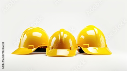 Three yellow hard hats arranged in a row showcasing safety equipment against a clean white background for construction and industrial themes. photo