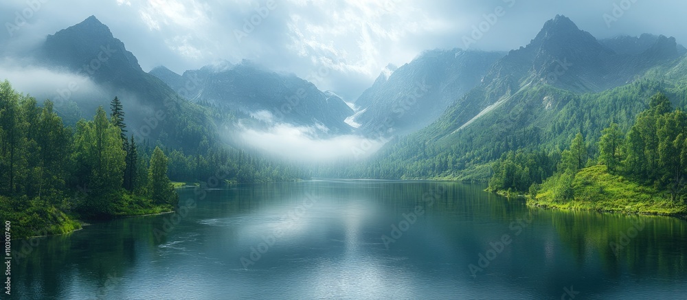 Fototapeta premium Serene mountain river landscape reflecting misty peaks and lush greenery in tranquil waters under soft atmospheric conditions