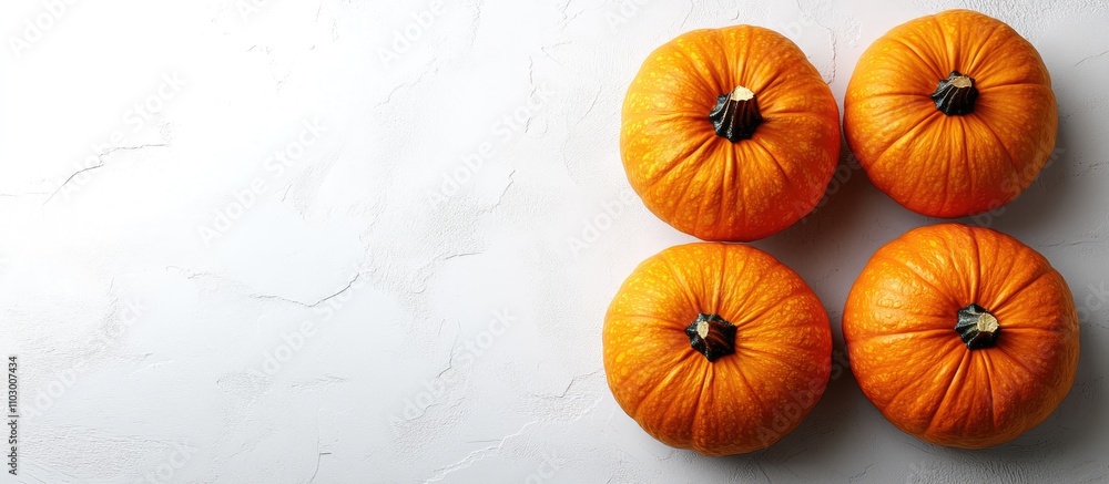 Modern minimalist pumpkins arranged on a white backdrop with ample copy space for fall or autumn themed design projects. Modern minimalist pumpkins arranged on a white backdrop with ample copy space for fall or autumn themed design projects.