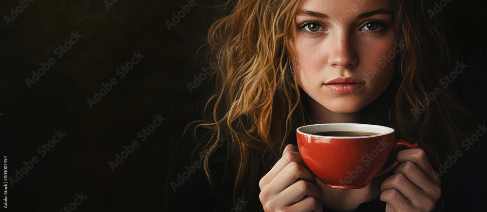 Young woman with curly hair holding a red coffee cup in a dark atmosphere showcasing a moment of contemplation and warmth. Young woman with curly hair holding a red coffee cup in a dark atmosphere showcasing a moment of contemplation and warmth.