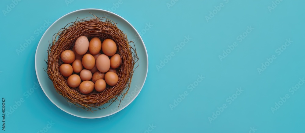 Plate resembling a bird nest with brown eggs on a vibrant blue background Aerial view showcasing space for text or design elements Plate resembling a bird nest with brown eggs on a vibrant blue background Aerial view showcasing space for text or design elements