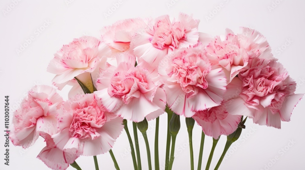 Fototapeta premium Stack of delicately arranged pink and white carnation flowers on a clean white background showcasing their vibrant colors and textures.