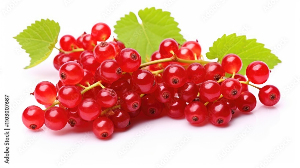Fresh red currants with green leaves isolated on a white background showcasing their vibrant color and natural beauty in close detail Fresh red currants with green leaves isolated on a white background showcasing their vibrant color and natural beauty in close detail
