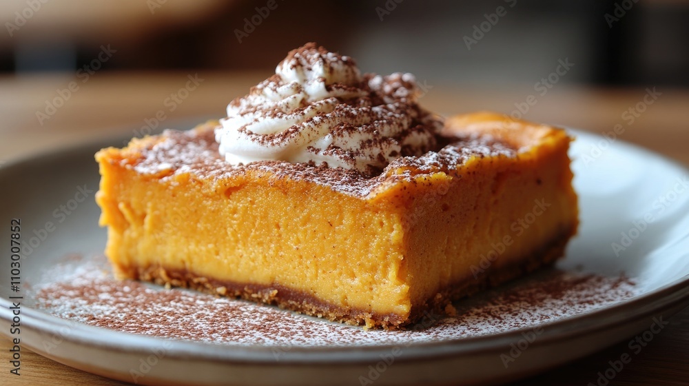 Delicious slice of pumpkin dessert topped with whipped cream and chocolate shavings served on a stylish plate Delicious slice of pumpkin dessert topped with whipped cream and chocolate shavings served on a stylish plate