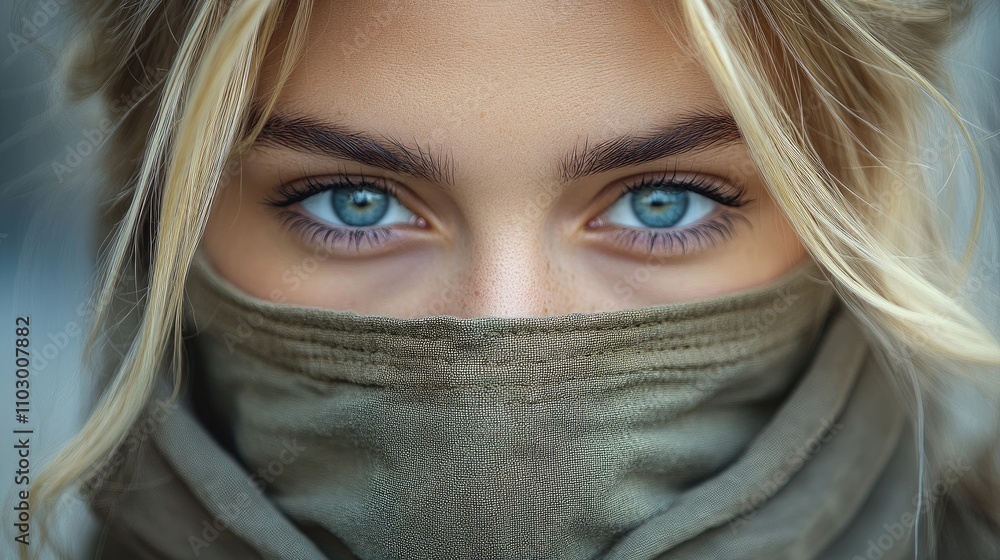 Blonde woman with captivating blue eyes partially covered by a khaki security mask for a striking and mysterious portrait composition Blonde woman with captivating blue eyes partially covered by a khaki security mask for a striking and mysterious portrait composition