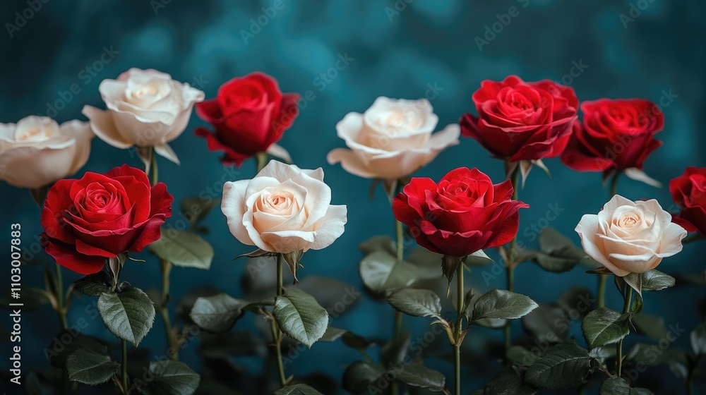 Red and white tea roses beautifully arranged against a serene blue backdrop showcasing elegance and tranquility in floral design. Red and white tea roses beautifully arranged against a serene blue backdrop showcasing elegance and tranquility in floral design.