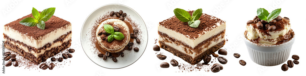 Tiramisu with coffee sauce, isolated on white background. Mix Collection PNG. Tiramisu with coffee sauce, isolated on white background. Mix Collection PNG.