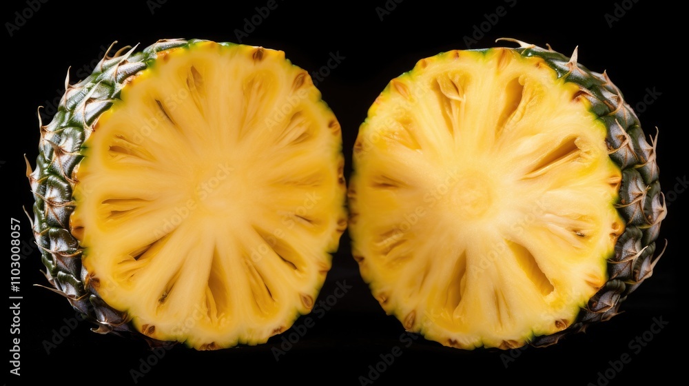 Pineapple fruit sliced in half revealing vibrant yellow interior against a black background showcasing freshness and ripe texture. Pineapple fruit sliced in half revealing vibrant yellow interior against a black background showcasing freshness and ripe texture.