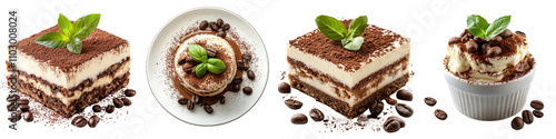 Tiramisu with coffee sauce, isolated on white background. Mix Collection PNG.