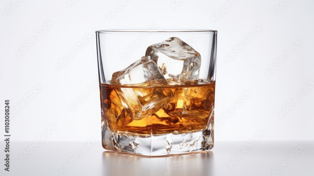 Glass of scotch whiskey with ice cubes elegantly placed on a minimalist white background for a refined beverage presentation Glass of scotch whiskey with ice cubes elegantly placed on a minimalist white background for a refined beverage presentation