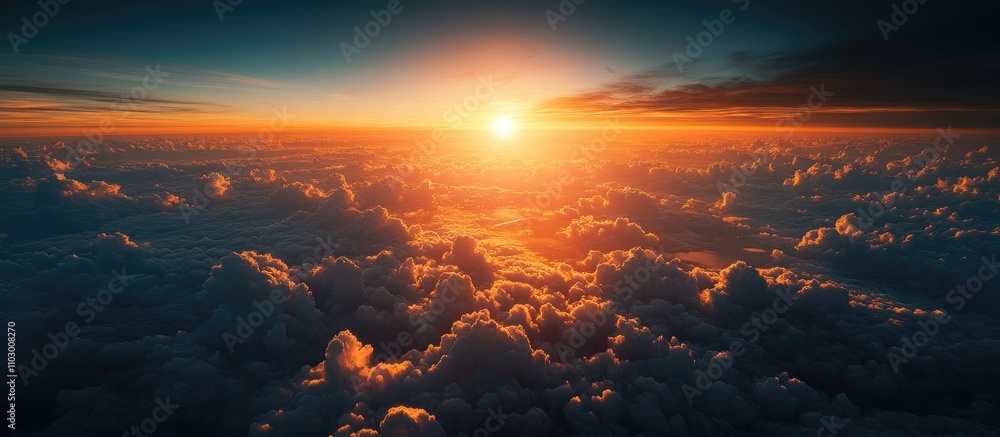 Sunrise over clouds with vibrant colors reflecting on a serene lake viewed from an airplane during morning travel Sunrise over clouds with vibrant colors reflecting on a serene lake viewed from an airplane during morning travel