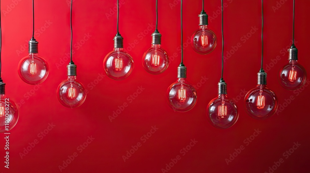 Vibrant red background with an array of lightbulbs, creating an energetic ambiance. This image captures the allure of lightbulbs against a striking backdrop, ideal for various designs. Vibrant red background with an array of lightbulbs, creating an energetic ambiance. This image captures the allure of lightbulbs against a striking backdrop, ideal for various designs.