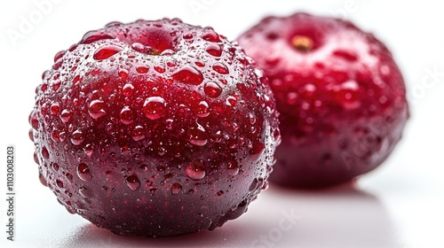 Fresh red plums with water droplets isolated on a white background highlighting their rich color and texture photo