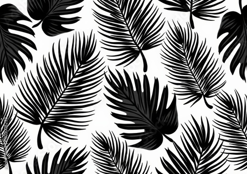 Black palm leaves pattern on a white background showcasing tropical vibes and designs photo