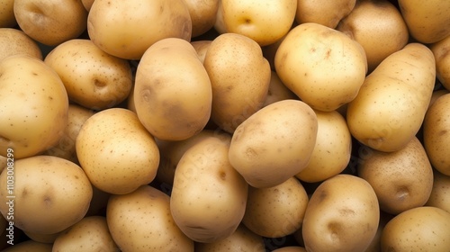 Freshly harvested potatoes piled together in an agricultural market setting showcasing natural textures and earthy tones.