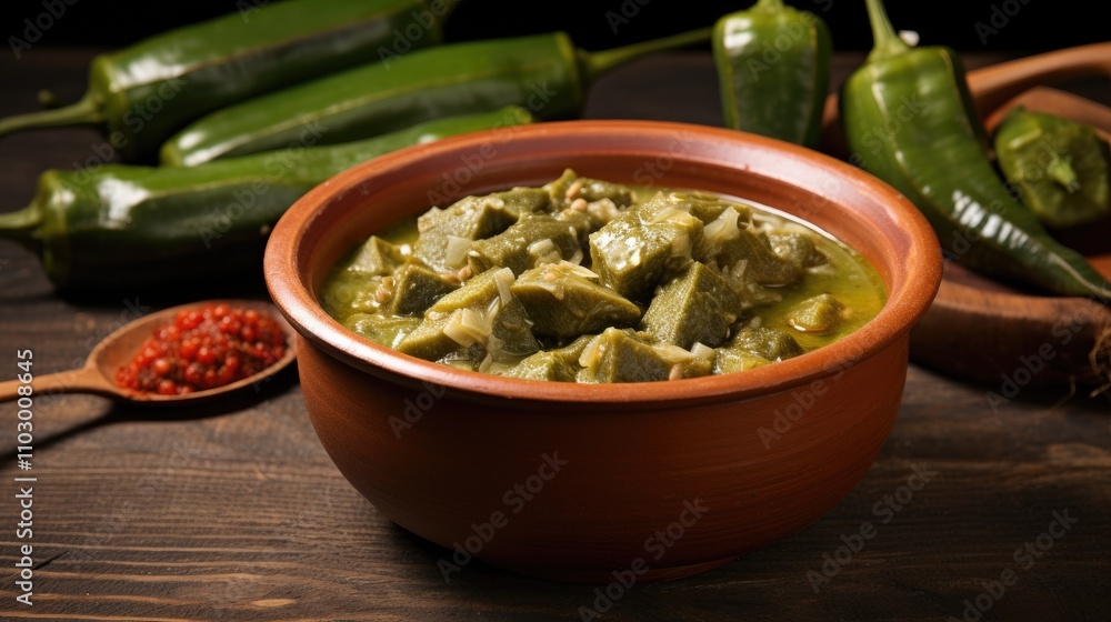 Traditional African okra soup in a ceramic bowl surrounded by fresh green peppers and spices on a rustic wooden table Traditional African okra soup in a ceramic bowl surrounded by fresh green peppers and spices on a rustic wooden table